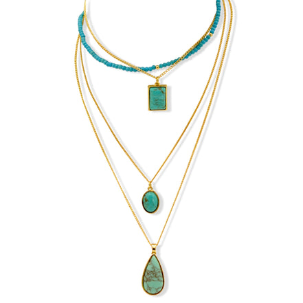 Multi-Layer Turquoise & Gold Pendant Necklace Set 26"#HNN91029GT(LA18)