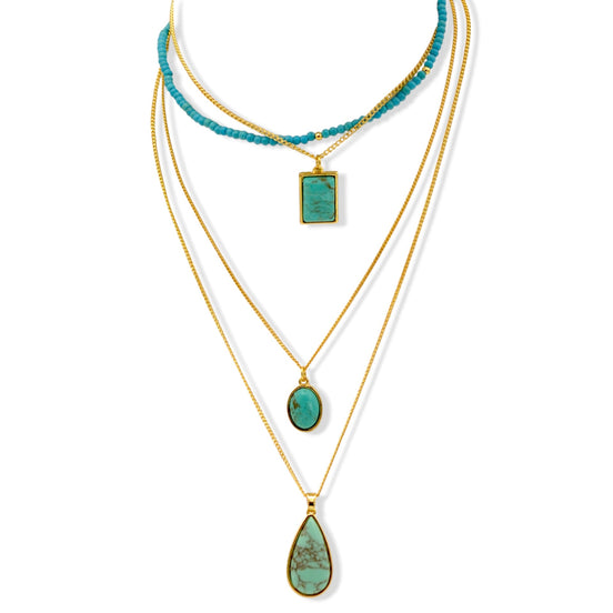 Multi-Layer Turquoise & Gold Pendant Necklace Set 26"#HNN91029GT(LA18)