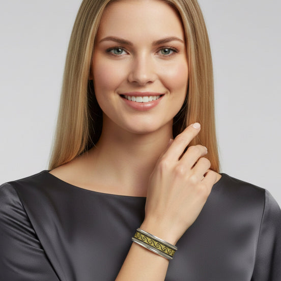 2.8" Bohemian Silver & Gold Woven Wave Cuff Bracelet – Ethnic Tribal Style Open Bangle – Adjustable Statement Jewelry#FW-BCUFF1(PF4)