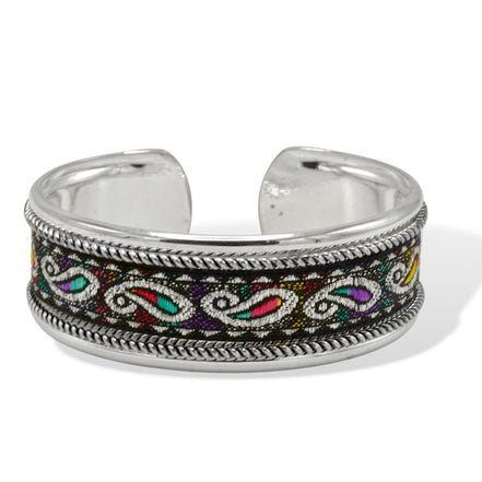 2.8" Bohemian Silver Cuff Bracelet with Colorful Paisley Embroidery – Artisanal Tribal Style Open Bangle#FW-BCUFF2(PF3)