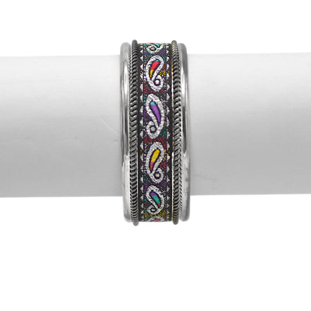 2.8" Bohemian Silver Cuff Bracelet with Colorful Paisley Embroidery – Artisanal Tribal Style Open Bangle#FW-BCUFF2(PF3)