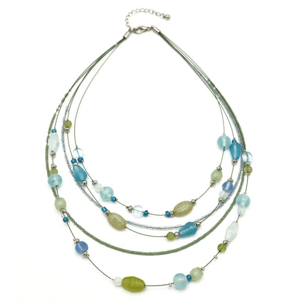 MULTICOLOR BEADS SILVER LAYER NECKLACE #QN12396-1X_GRN/BLUE MIX(FH20)