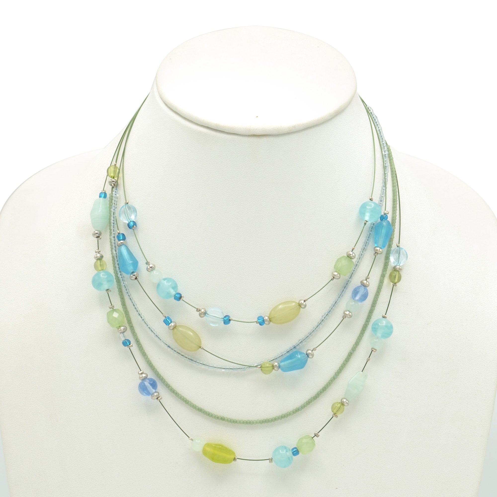 MULTICOLOR BEADS SILVER LAYER NECKLACE #QN12396-1X_GRN/BLUE MIX(FH20)