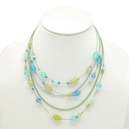 MULTICOLOR BEADS SILVER LAYER NECKLACE #QN12396-1X_GRN/BLUE MIX(FH20)