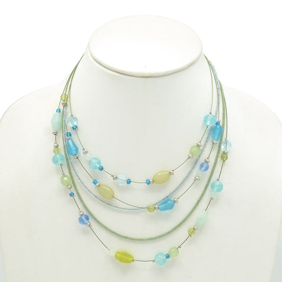 MULTICOLOR BEADS SILVER LAYER NECKLACE #QN12396-1X_GRN/BLUE MIX(FH20)