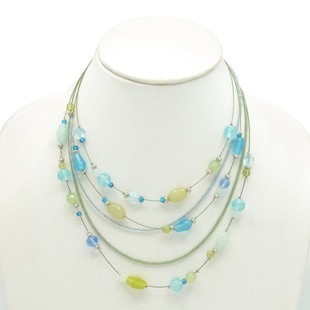 MULTICOLOR BEADS SILVER LAYER NECKLACE #QN12396-1X_GRN/BLUE MIX(FH20)