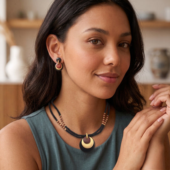 Women's Boho Multi-Strand Beaded Disc Pendant Necklace & Drop Earring Set | Layered Wooden-Style Concentric Circle Statement Jewelry Set#FW105966SET (SHCD10)