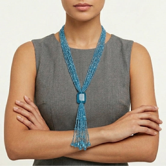 Aqua Blue multi layered Seed beads tassel long Necklace #N3101_AQUA