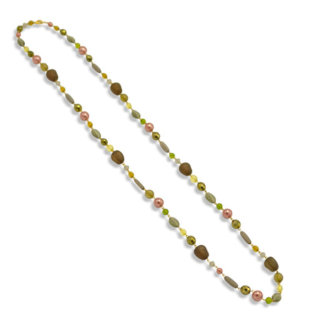 48" Long Single Strand Mixed Bead Necklace – Earthy Olive, Amber, and Rose Palette – Versatile Wrap Statement Jewelry#N12733 GLD GRN (TD2)