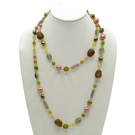 48" Long Single Strand Mixed Bead Necklace – Earthy Olive, Amber, and Rose Palette – Versatile Wrap Statement Jewelry#N12733 GLD GRN (TD2)