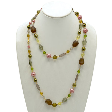 Women’s 48-Inch Glass Bead Necklace, Earthy Olive, Amber and Rose Long Necklace with Faux Pearls, Convertible Multilayer Jewelry#N12733 GLD GRN (TD2)