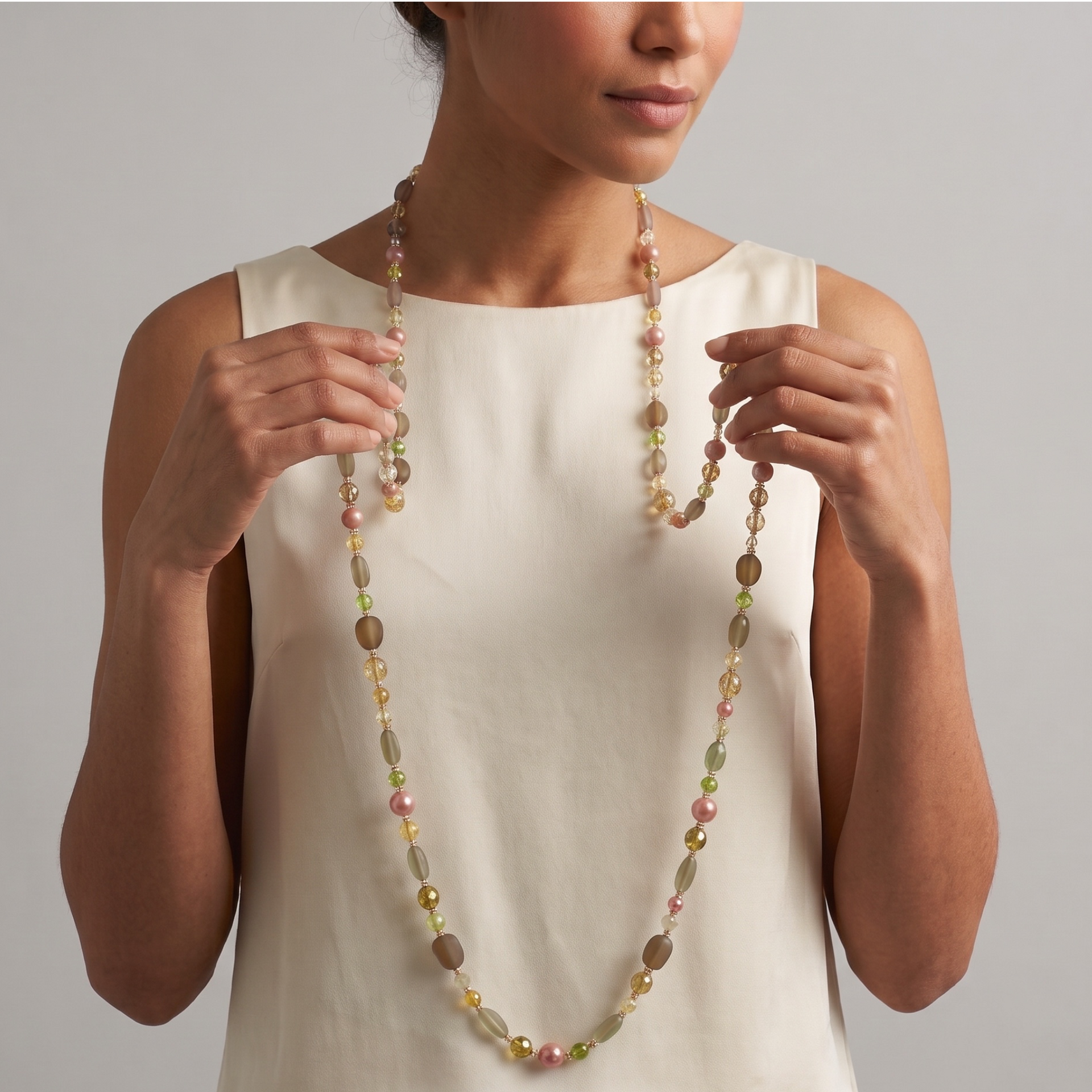 Women’s 48-Inch Glass Bead Necklace, Earthy Olive, Amber and Rose Long Necklace with Faux Pearls, Convertible Multilayer Jewelry#N12733 GLD GRN (TD2)