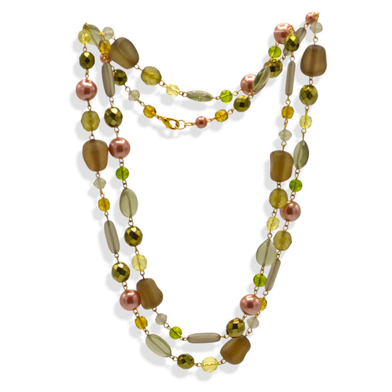48" Long Single Strand Mixed Bead Necklace – Earthy Olive, Amber, and Rose Palette – Versatile Wrap Statement Jewelry#N12733 GLD GRN (TD2)