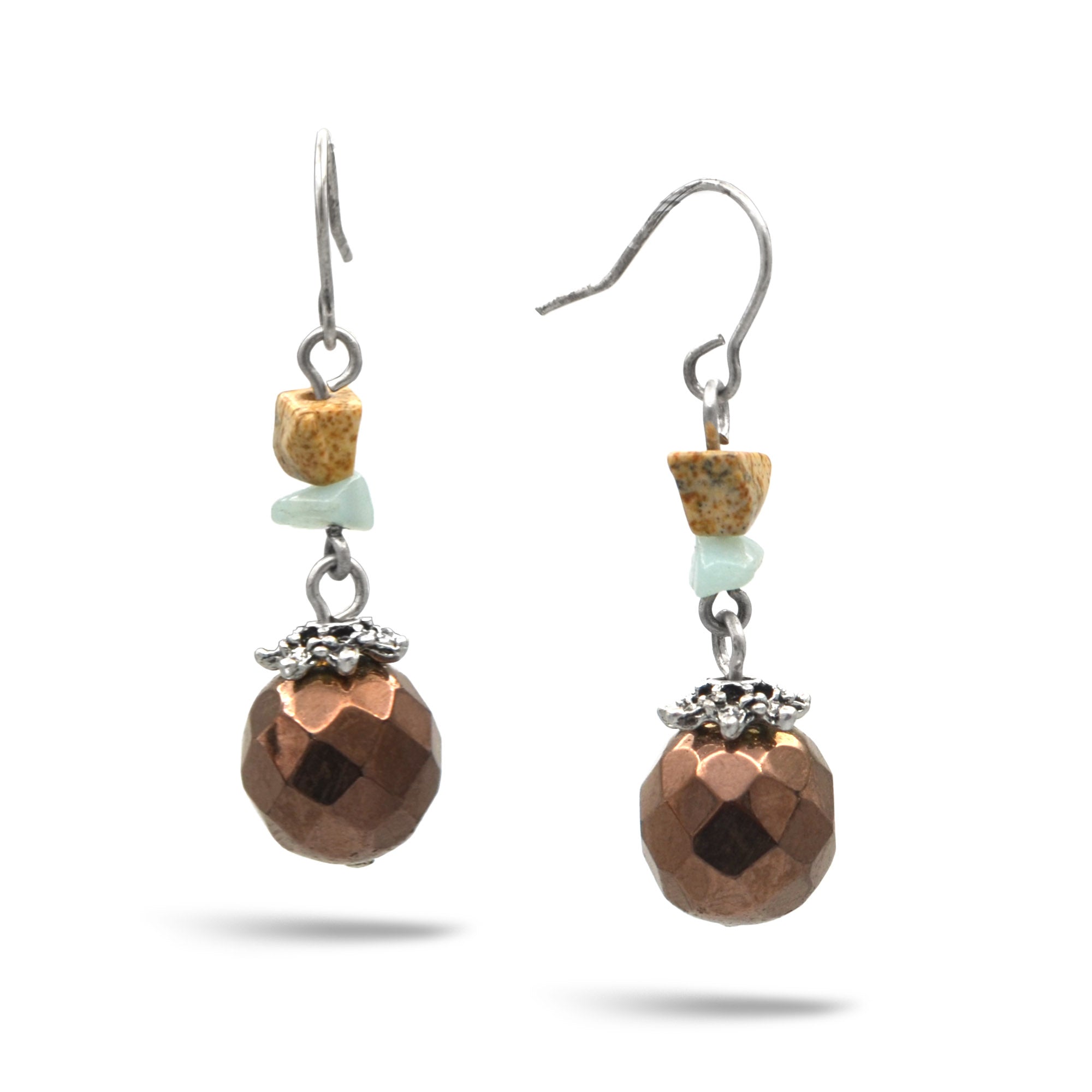 SILVER BROWN BEAD DROP EARRINGS#E14650_SIL_OX_BRW(AH17)