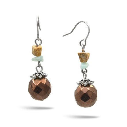 SILVER BROWN BEAD DROP EARRINGS#E14650_SIL_OX_BRW(AH17)