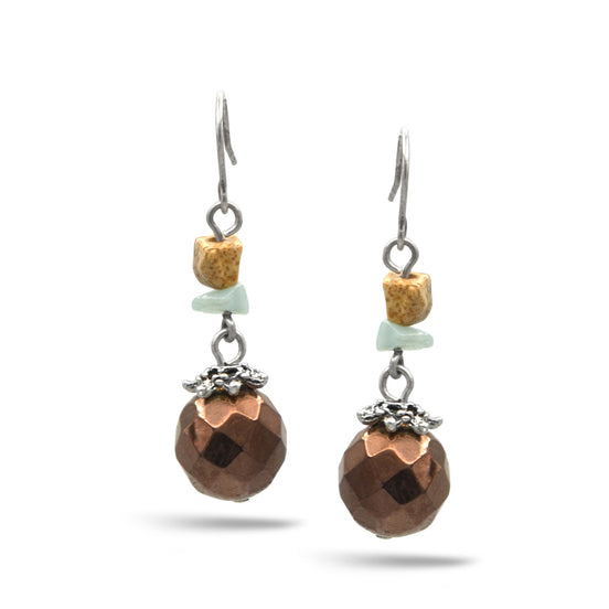 SILVER BROWN BEAD DROP EARRINGS#E14650_SIL_OX_BRW(AH17)