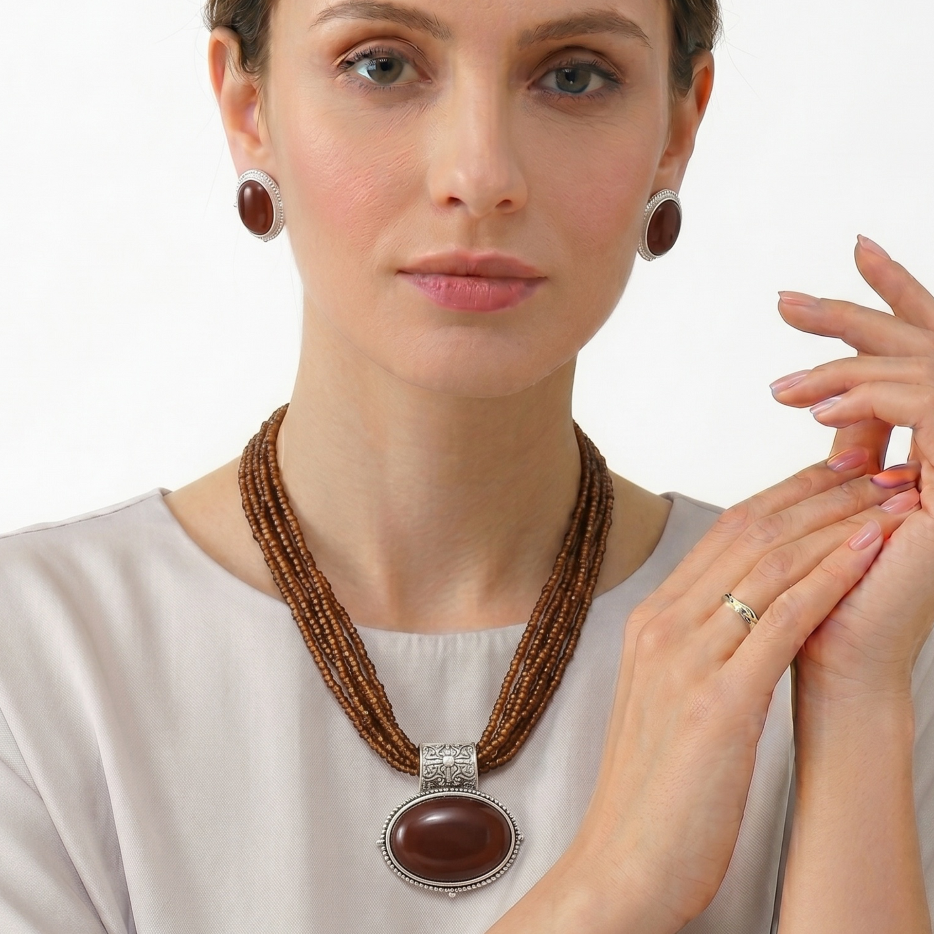 Chocolate Brown Multi-Strand Pendant Necklace & Matching Earrings Set – Silver Tone Statement Jewelry #QN07387 ANT SIL BRW (IA16/TOP)