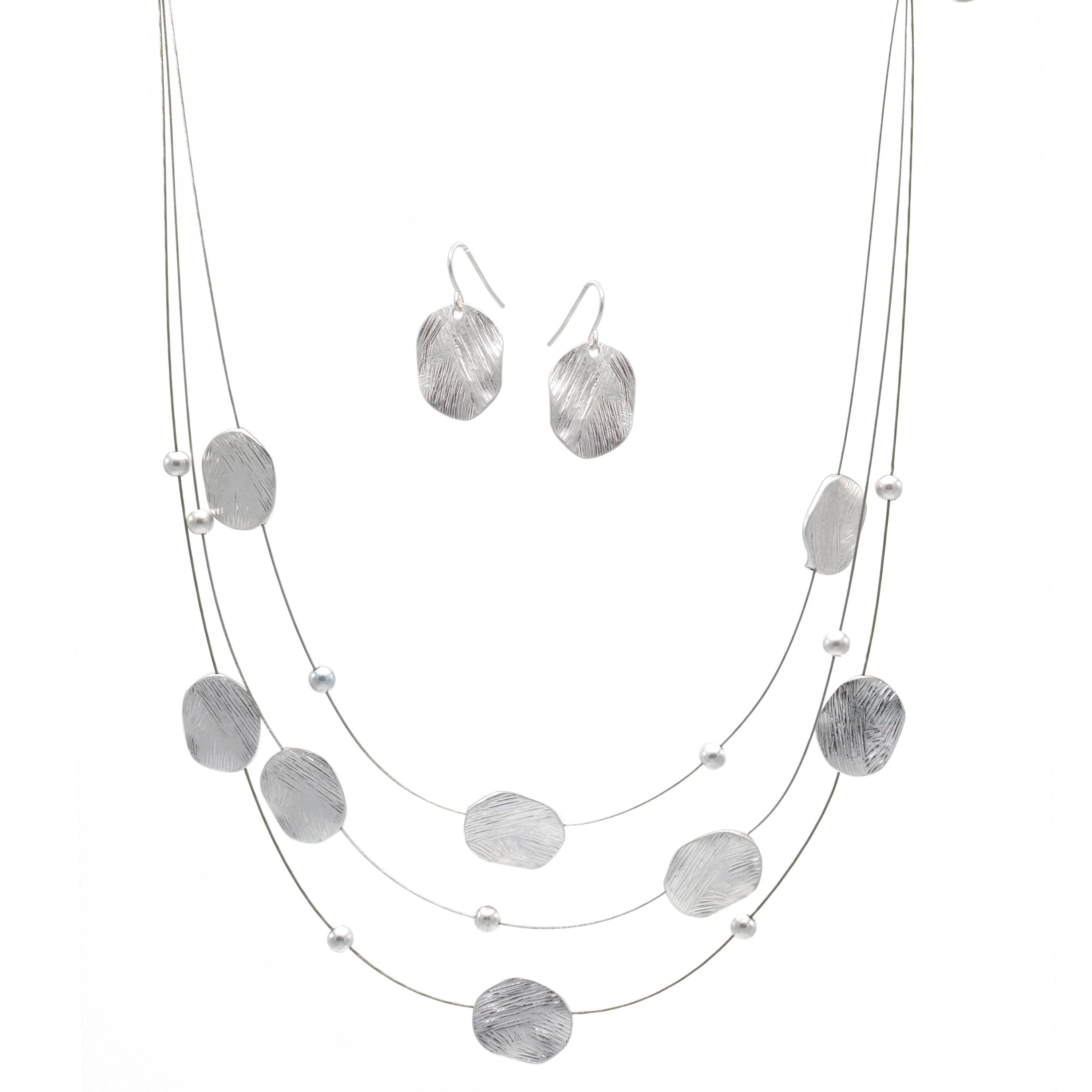 Silver Brushed Illusion Necklace And Earrings Set #SCE18256_SILVER(MB16)