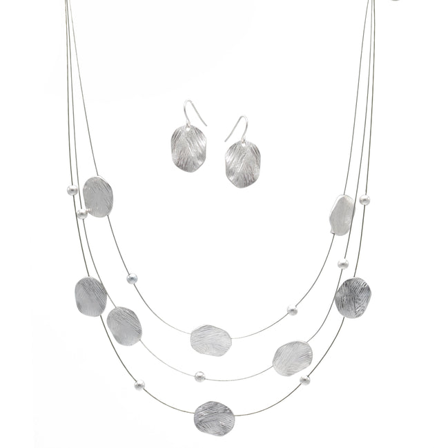 Silver Brushed Illusion Necklace And Earrings Set #SCE18256_SILVER(MB16)