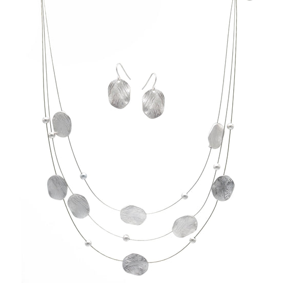 Silver Brushed Illusion Necklace And Earrings Set #SCE18256_SILVER(MB16)