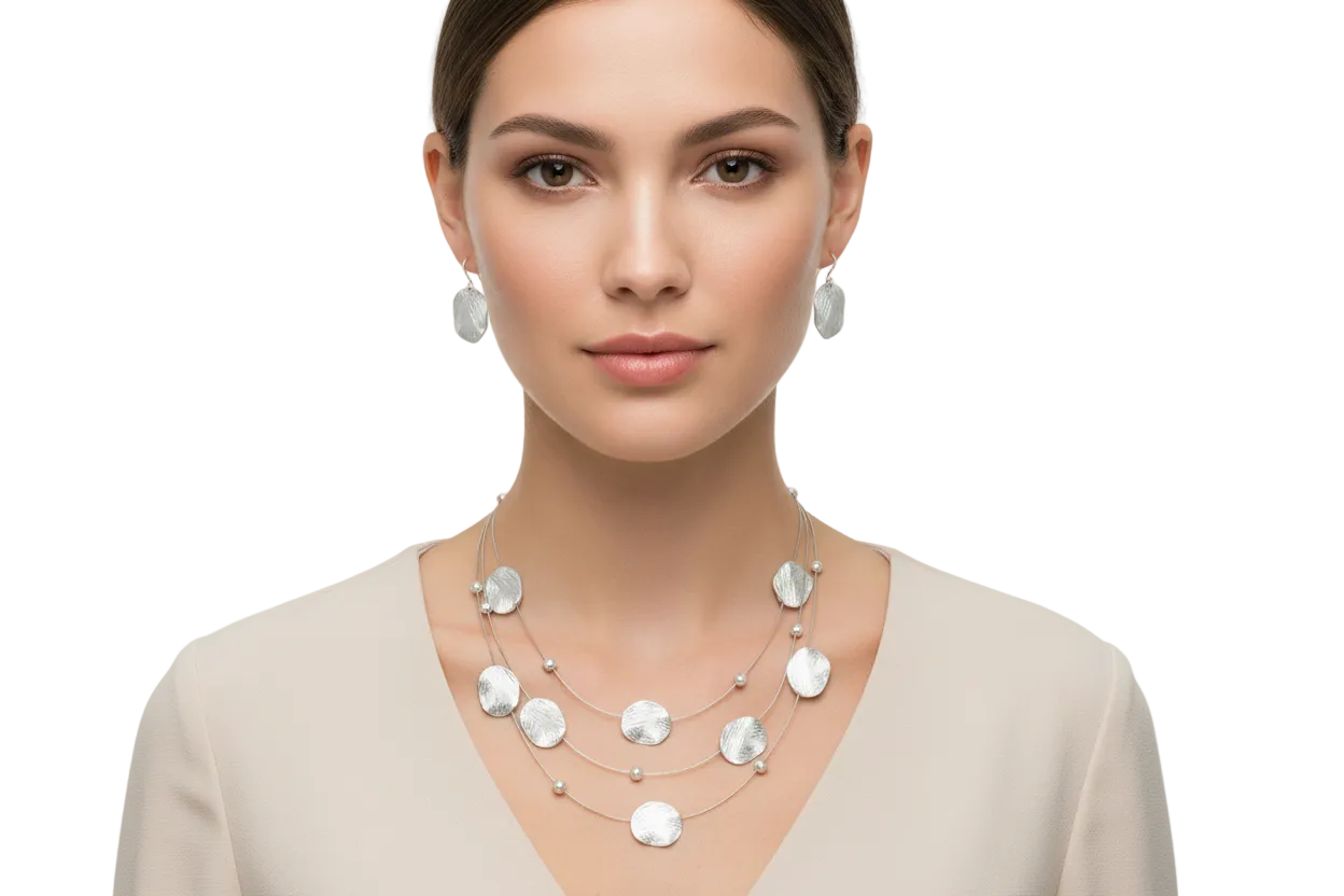 Silver Brushed Illusion Necklace And Earrings Set #SCE18256_SILVER(MB16)