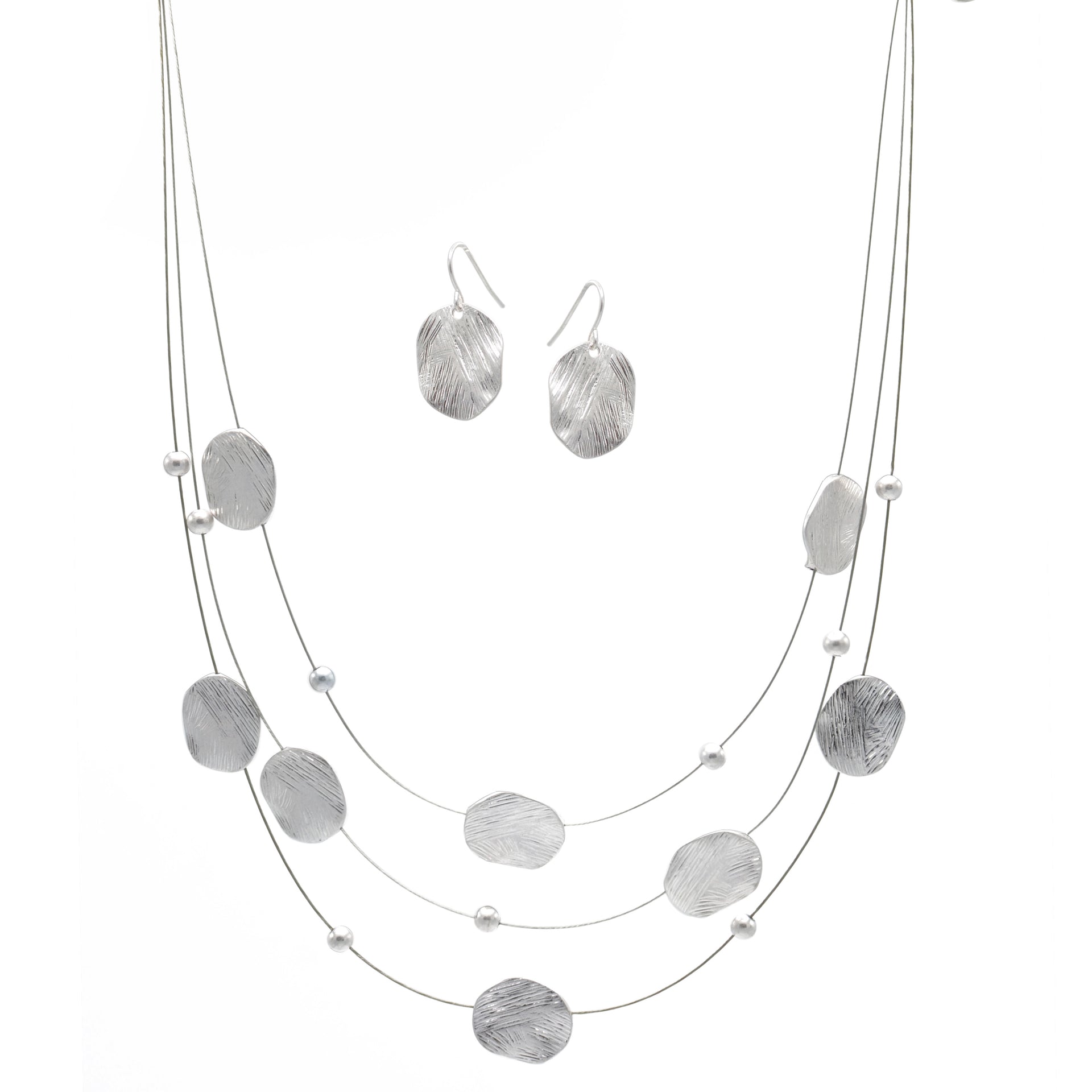Silver Brushed Illusion Necklace And Earrings Set #SCE18256_SILVER(NG14)