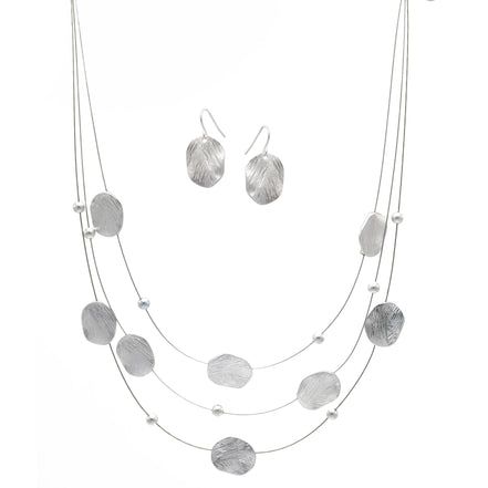 Silver Brushed Illusion Necklace And Earrings Set #SCE18256_SILVER(NG14)