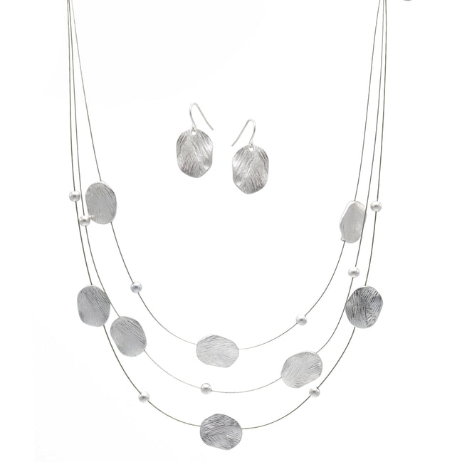 Silver Brushed Illusion Necklace And Earrings Set #SCE18256_SILVER(NG14)