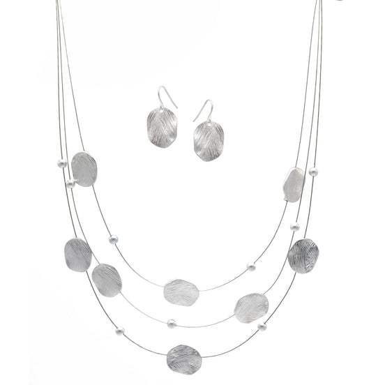 Silver Brushed Illusion Necklace And Earrings Set #SCE18256_SILVER(NG14)