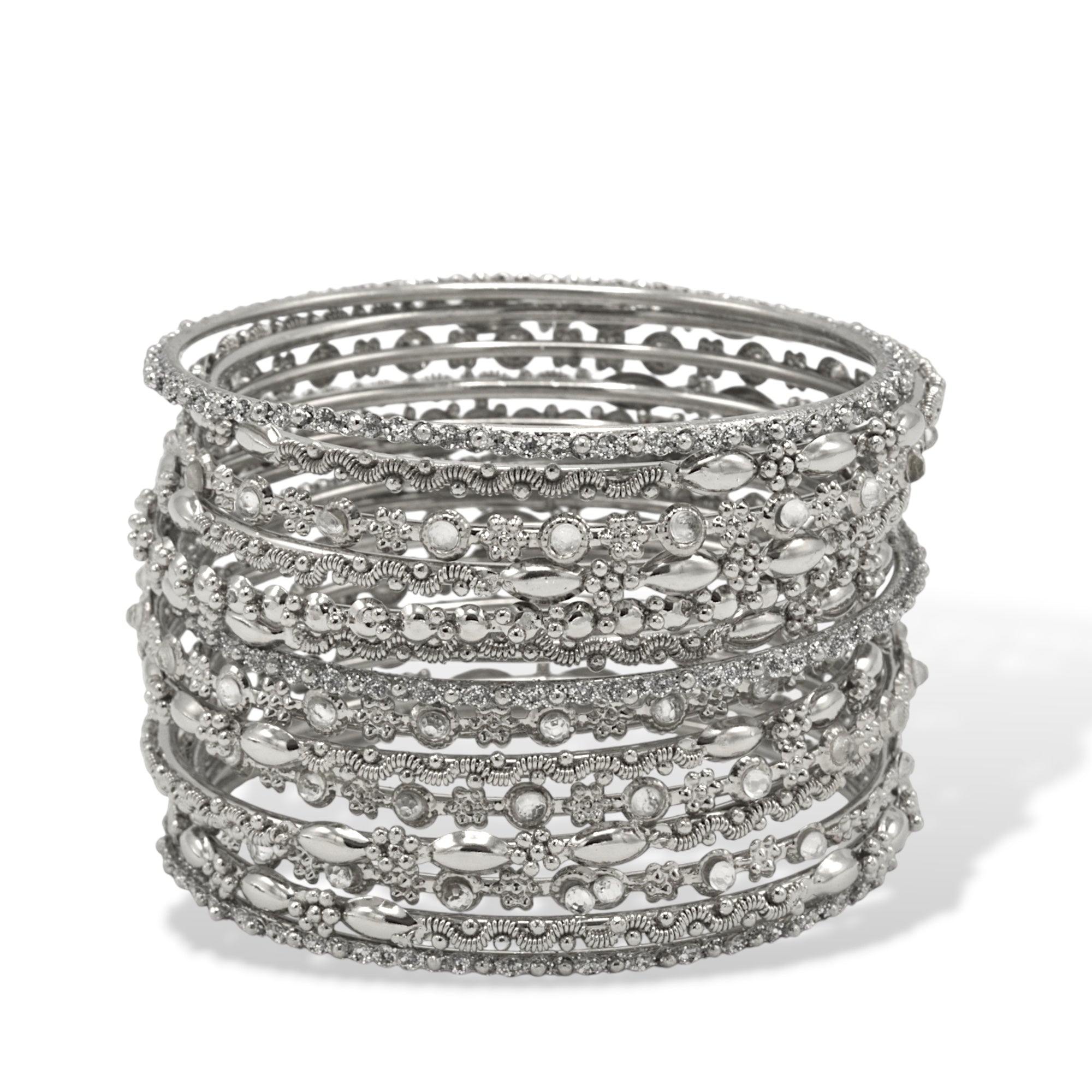 Silver and crystal 14-Piece Bangle Bracelet Set – Classic Stacked Bangles For Women#VB16272_S-CRY(DC6BACK-SRK))