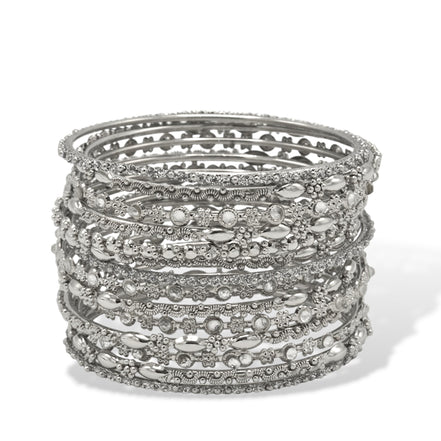 Silver and crystal 14-Piece Bangle Bracelet Set – Classic Stacked Bangles For Women#VB16272_S-CRY(DC6BACK-SRK))