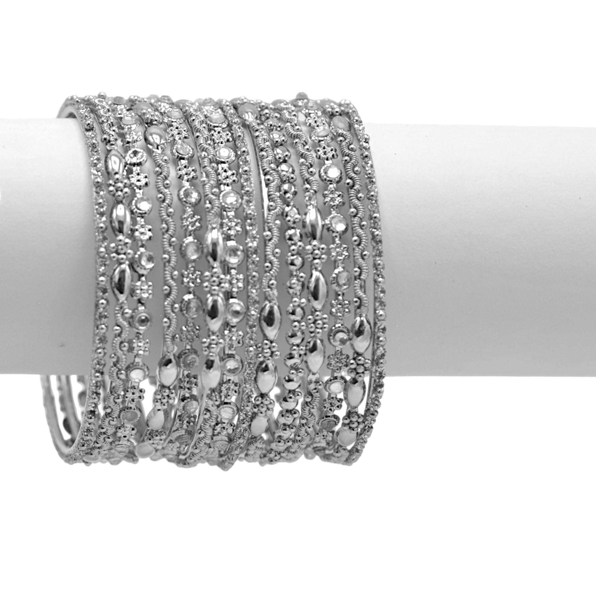Silver and crystal 14-Piece Bangle Bracelet Set – Classic Stacked Bangles For Women#VB16272_S-CRY(DC6BACK-SRK))