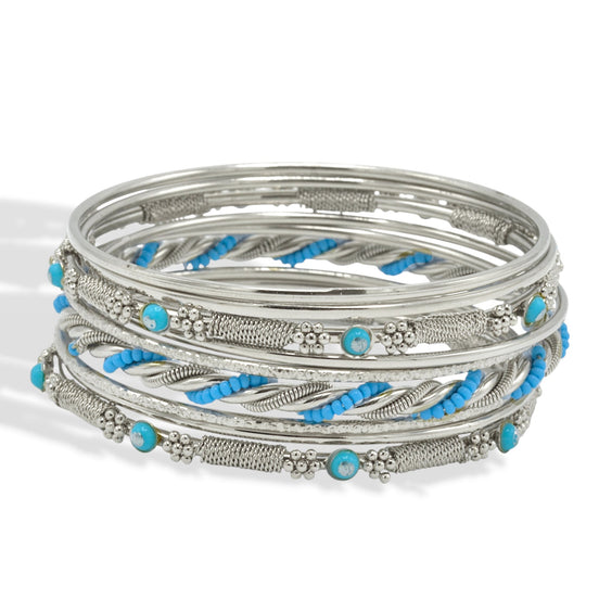 Silver Turquoise 9-Piece Bangle Bracelet Set – Classic Stacked Bangles For Women #KB0231_S-TURQ (DC1)