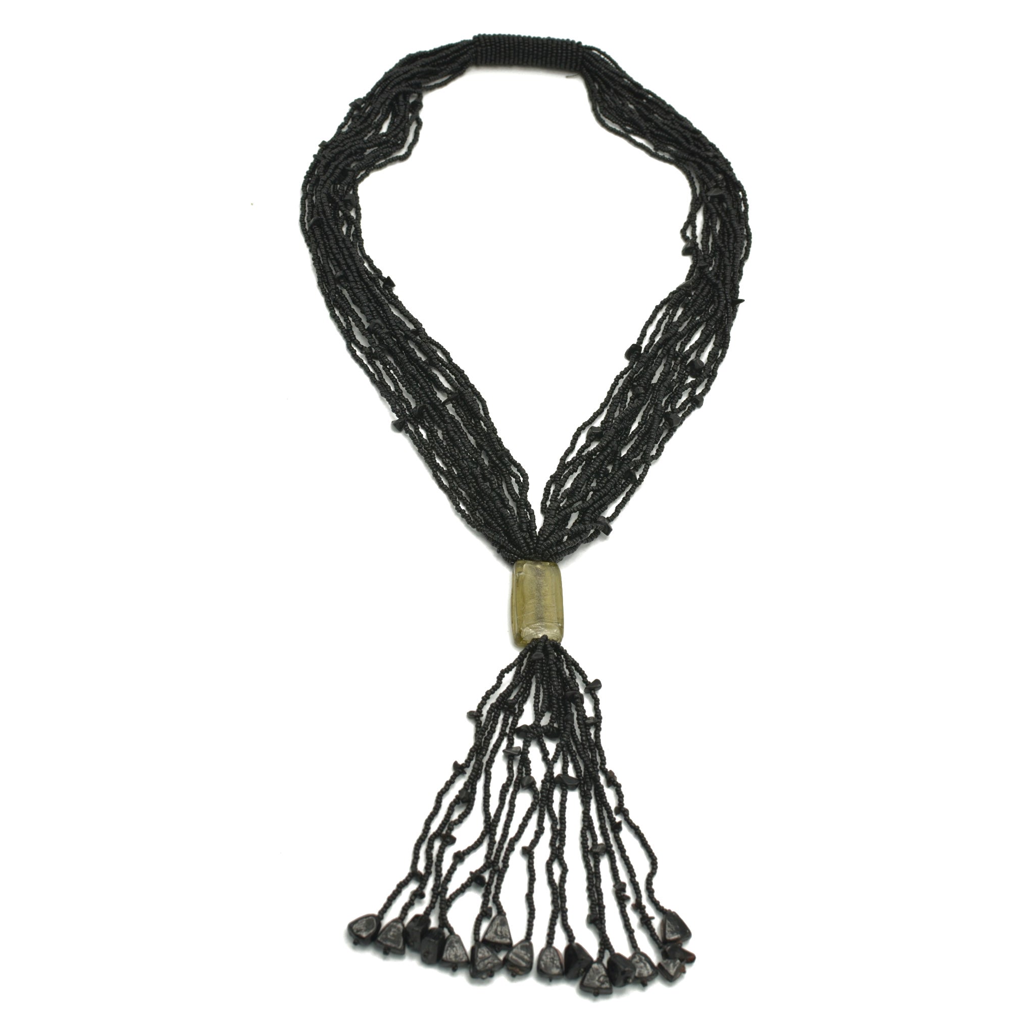 Black Multi Layered Seed Beads Tassel Long Necklace #N3101_BLACK (PF9)