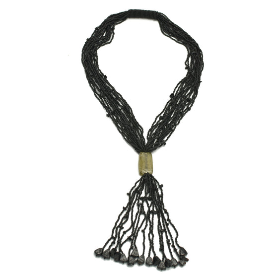 Black Multi Layered Seed Beads Tassel Long Necklace #N3101_BLACK (PF9)