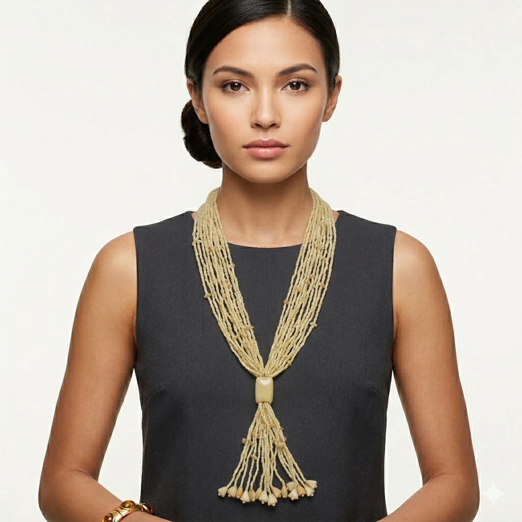 Ivory multi layered Seed beads tassel long Necklace #N3101_IVORY (RF5/R-OH21)