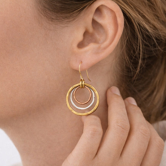 Tri-Tone Circle Drop Earrings – Gold, Silver & Copper Layered Hoop Statement Earrings (1.5" Drop)#SE15407TRI-TON(IE27)