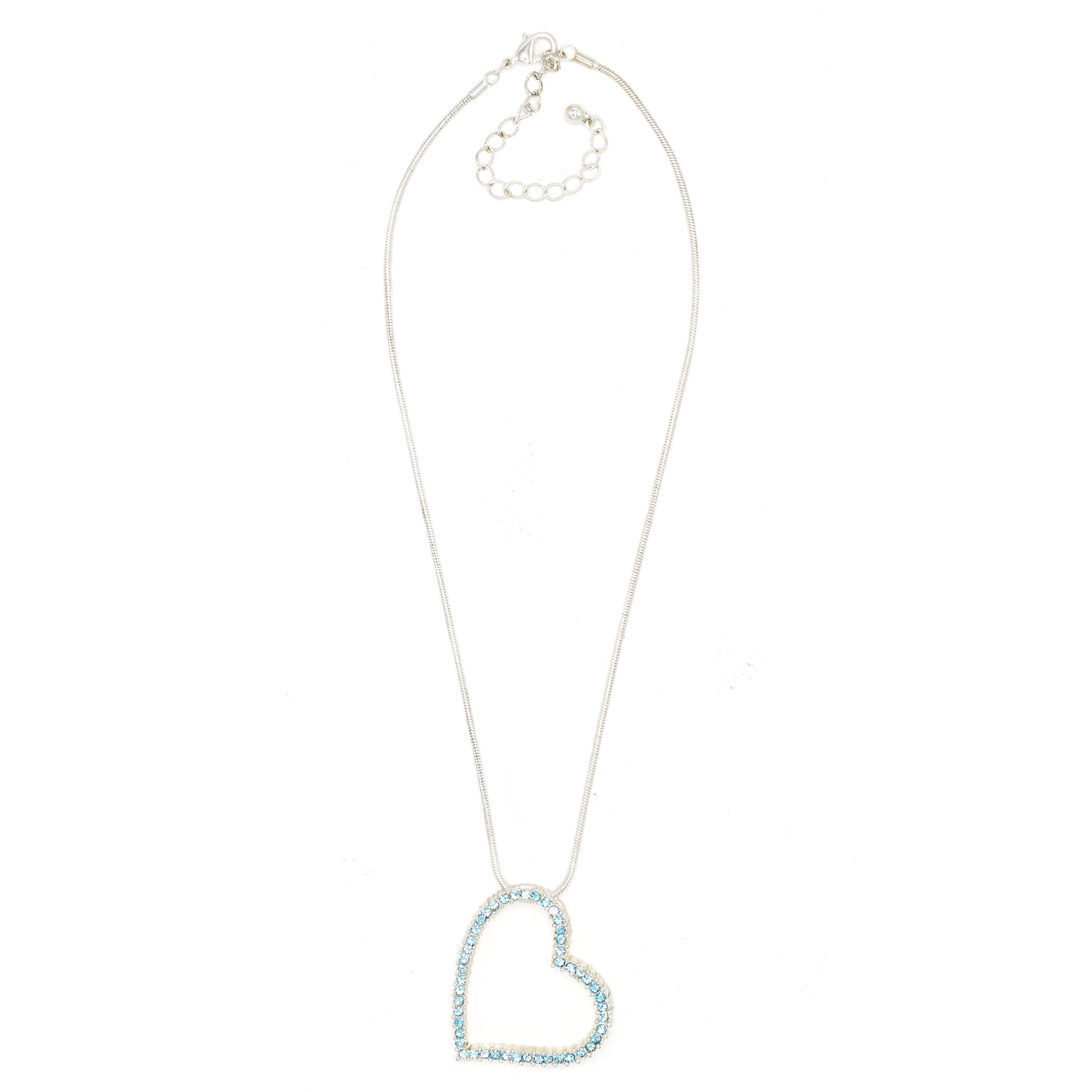 SILVER AQUA RHINESTONE HEART PENDANT NECKLACE # HNN2013L-SIL/AQUA/CRY