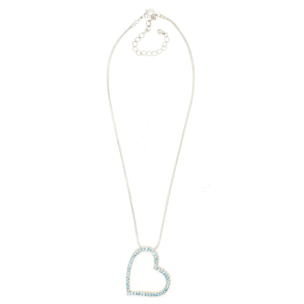 SILVER AQUA RHINESTONE HEART PENDANT NECKLACE # HNN2013L-SIL/AQUA/CRY