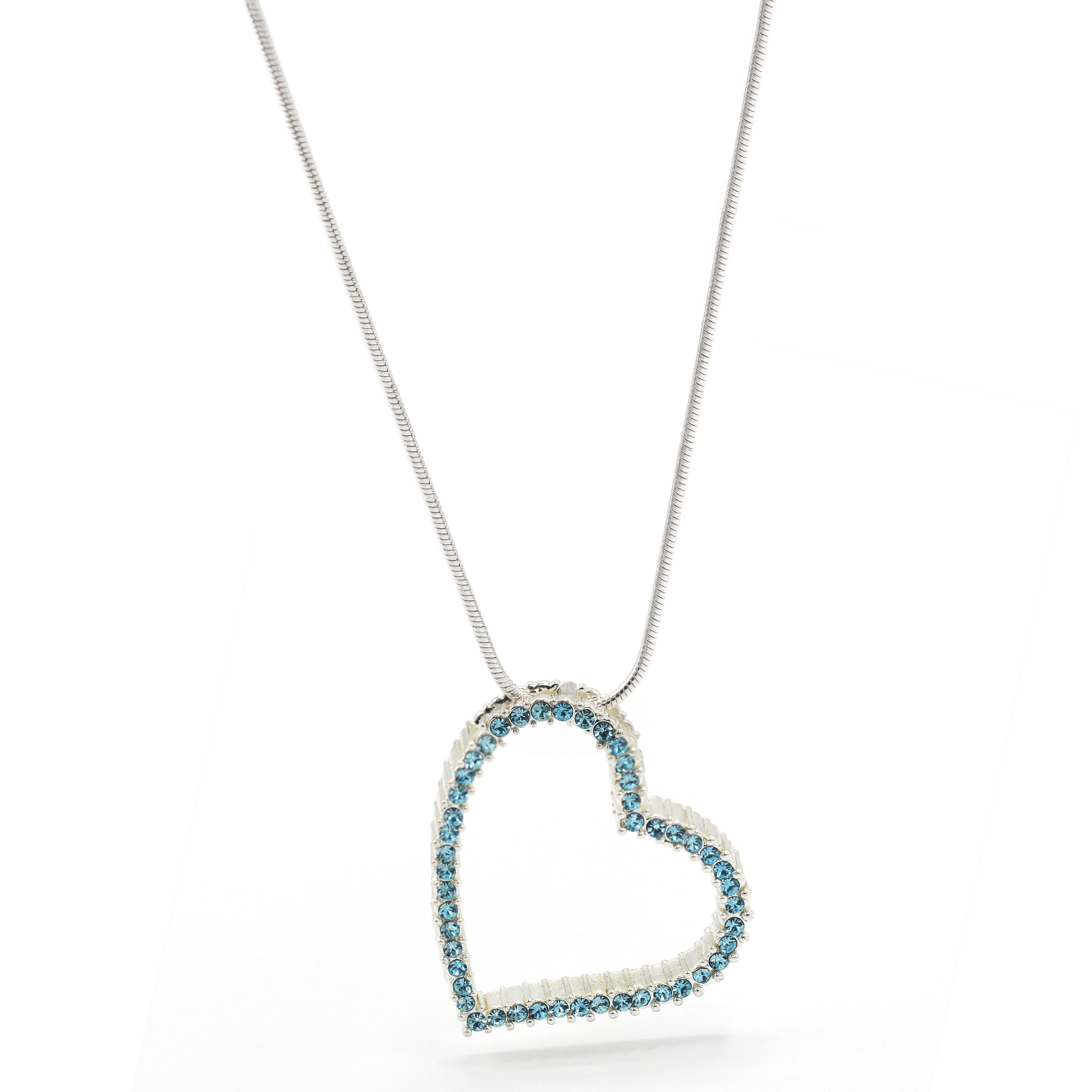 SILVER AQUA RHINESTONE HEART PENDANT NECKLACE # HNN2013L-SIL/AQUA/CRY