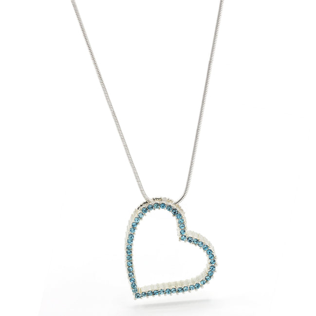 SILVER AQUA RHINESTONE HEART PENDANT NECKLACE # HNN2013L-SIL/AQUA/CRY