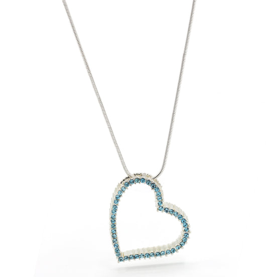 SILVER AQUA RHINESTONE HEART PENDANT NECKLACE # HNN2013L-SIL/AQUA/CRY