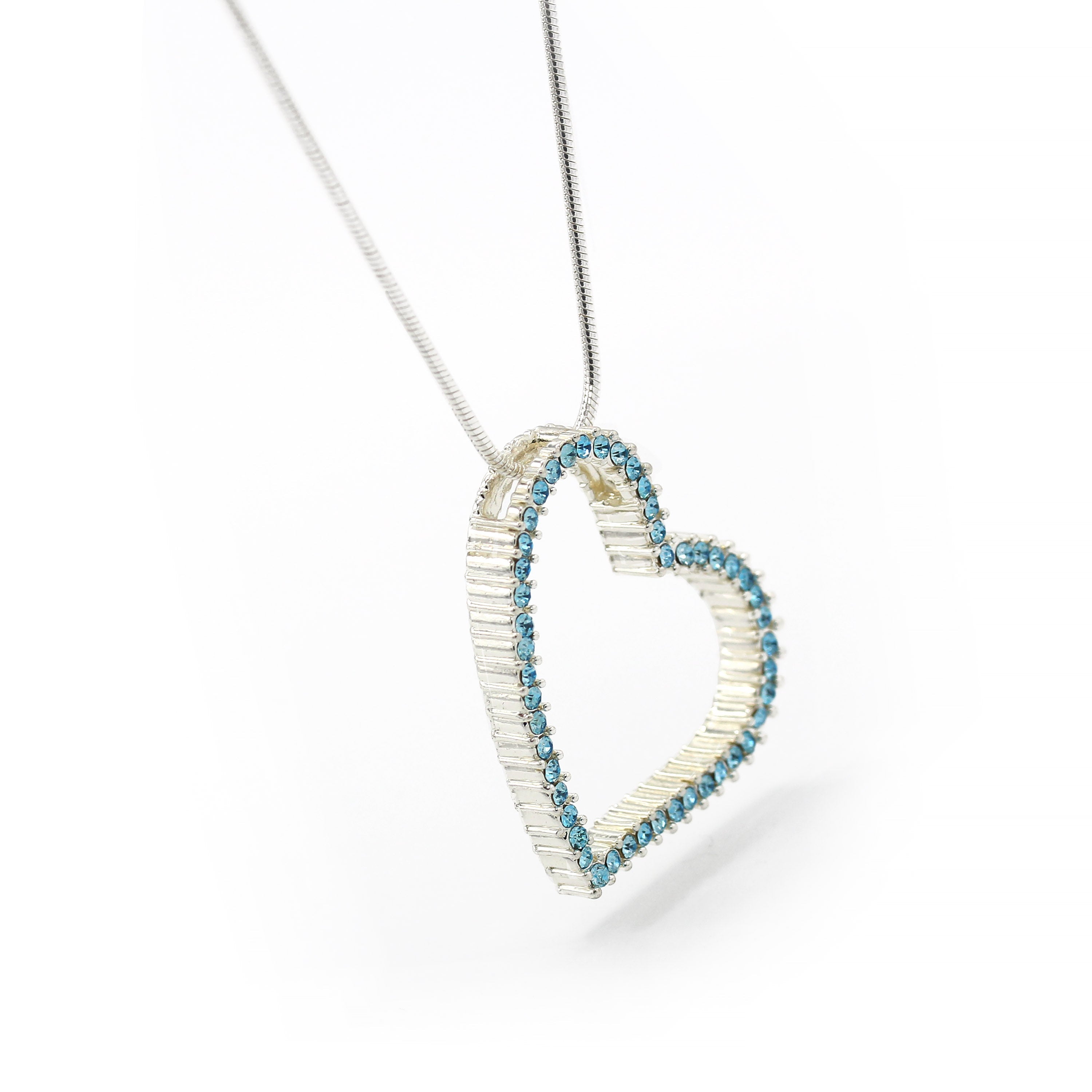 SILVER AQUA RHINESTONE HEART PENDANT NECKLACE # HNN2013L-SIL/AQUA/CRY