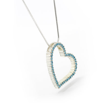 SILVER AQUA RHINESTONE HEART PENDANT NECKLACE # HNN2013L-SIL/AQUA/CRY
