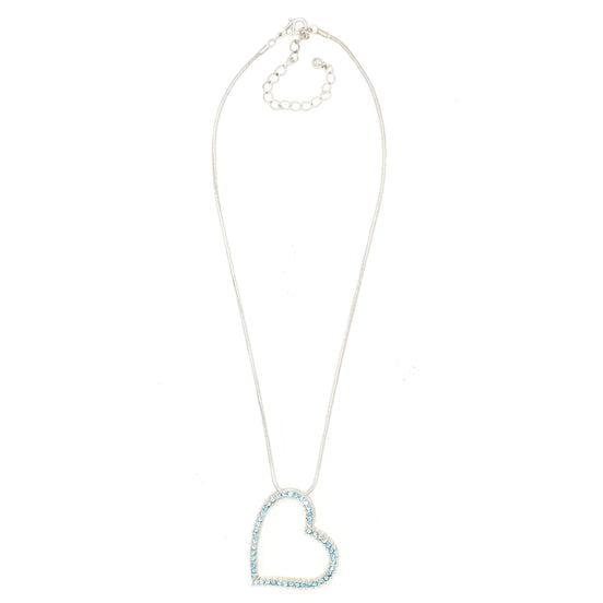 SILVER AQUA RHINESTONE HEART PENDANT NECKLACE # HNN2013L-SIL/AQUA/CRY
