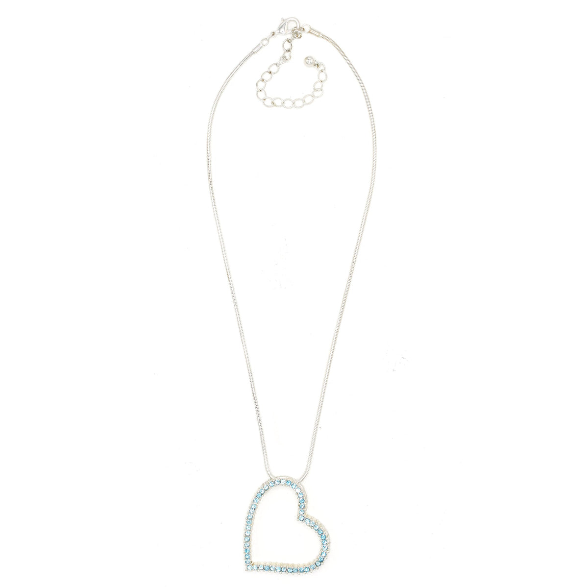 SILVER AQUA RHINESTONE HEART PENDANT NECKLACE # HNN2013L-SIL/AQUA/CRY