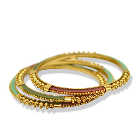 Gold & Multicolor Textured Bangle Set – 2.6" Diameter (Set of 3) #BNG-11963_G-OLV