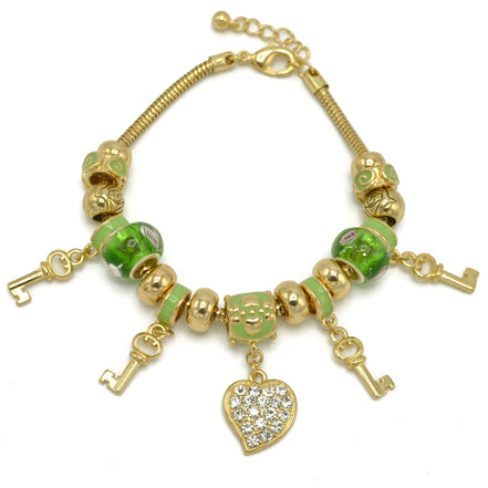Gold Green Resin Beads Heart And Key Crystal Charm Bracelet #HNB82320GGR