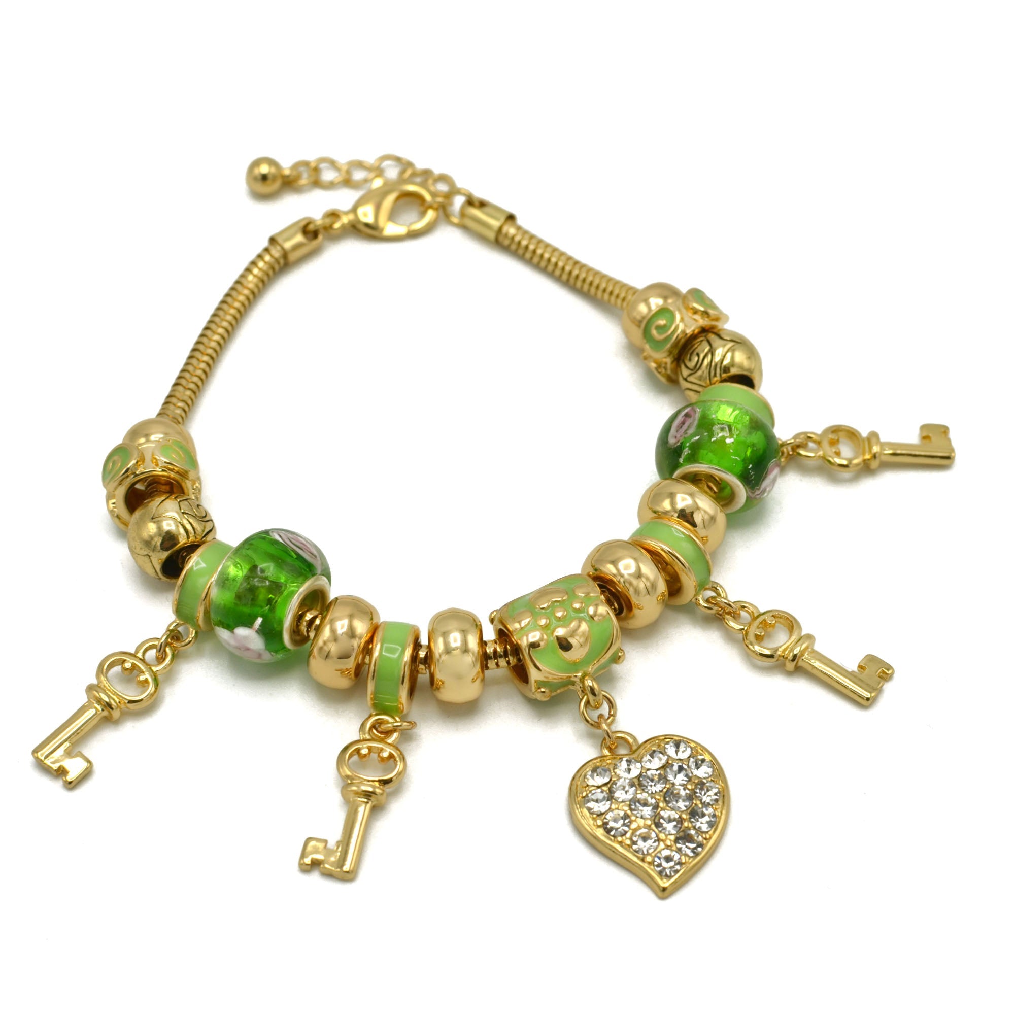 Gold Green Resin Beads Heart And Key Crystal Charm Bracelet #HNB82320GGR