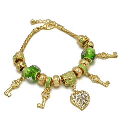 Gold Green Resin Beads Heart And Key Crystal Charm Bracelet #HNB82320GGR